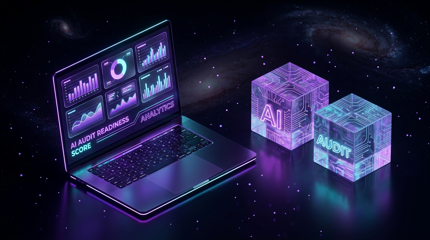ATECH AI Audit Dashboard Laptop and Cubes